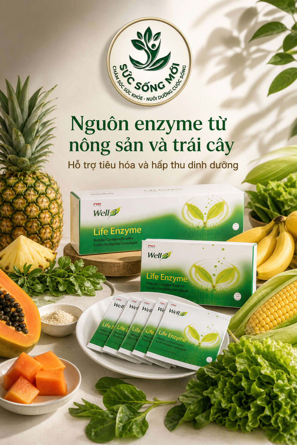 Well3 Life Enzyme cùng nông sản, trái cây và rau